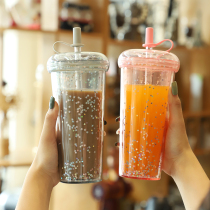 Girl heart milk tea cup Korean cute large capacity water cup female summer plastic mesh red straw Cup ins adult