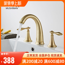Nordic minimalist wire drawing gold triple holes hot and cold tap split full copper bathrooms washbasin face basin tap gold light