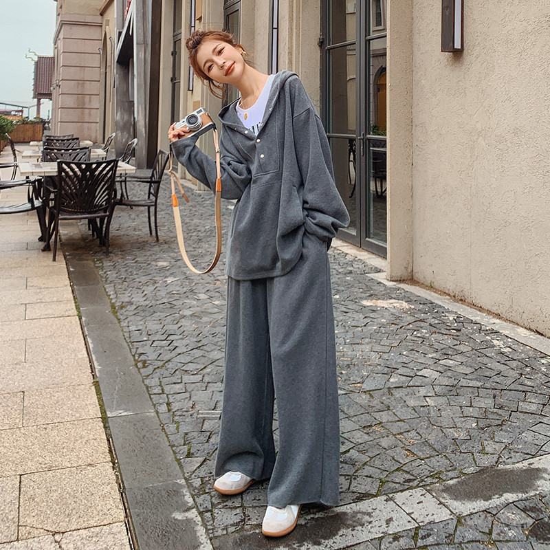 Valley Seven GUQIQI2023 Spring autumn season Leisure Lianhood suit women's Korean version loose with two sets of wide-legged pants-Taobao