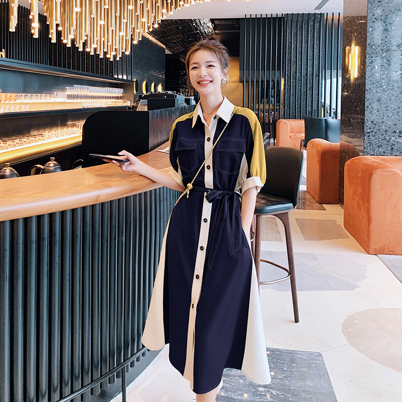 Plus-Size French-Style Navy Blue Dress for Women, 2025 Summer New Design, Unique and Slimming Shirt-Style Long Dress