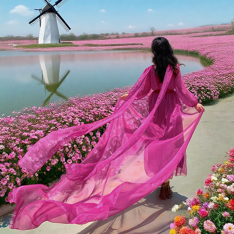 Detachable Train Dress for Women in Rose Red, Suitable for Beach Vacations in Sanya, Photography, Desert, Floor-Length, Flowing and Atmospheric
