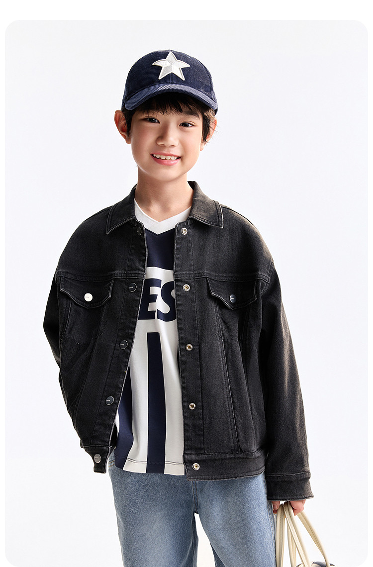 Детская куртка Жан 安奈儿童装男童女童牛仔外套2025秋高弹莱卡牛仔挺阔按扣设计廓形 Annil