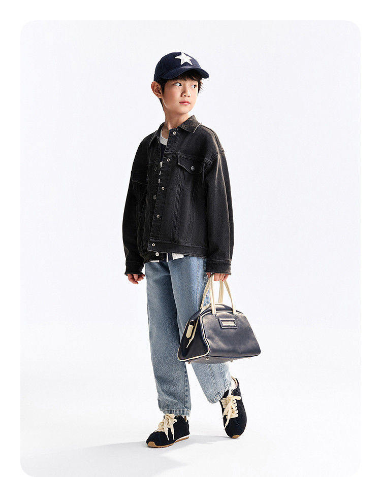 Детская куртка Жан 安奈儿童装男童女童牛仔外套2025秋高弹莱卡牛仔挺阔按扣设计廓形 Annil