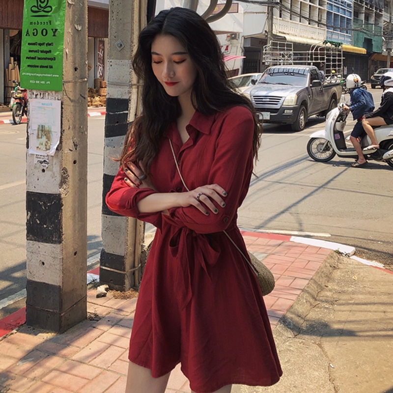 European station 2022 autumn new dress retro red skirt Mori loose and thin waist wide-leg women's clothing