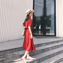 European Station 2021 summer new beach dress female seaside holiday dress retro first love dress thin red dress