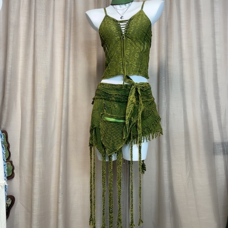 Domestic In-Stock Nepalese Imported Hippie Bohemian Style Slimming Waist-Cinching One-Piece Wrap Dress in Green and Brown with Straps