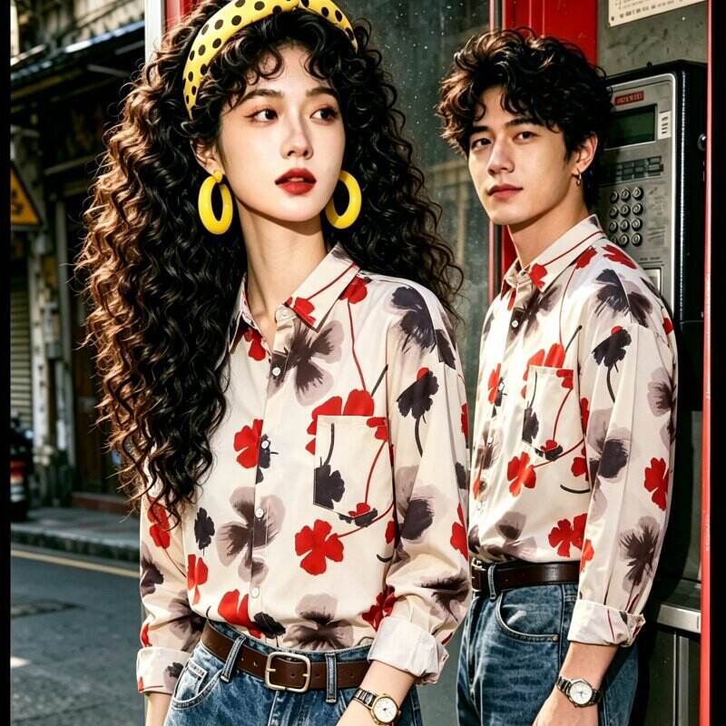 Hong Kong-Style Retro Japanese Vintage Floral Shirt Long-Sleeve Unisex Couple Outfit Group Wear Party Performance Floral Print Trendy