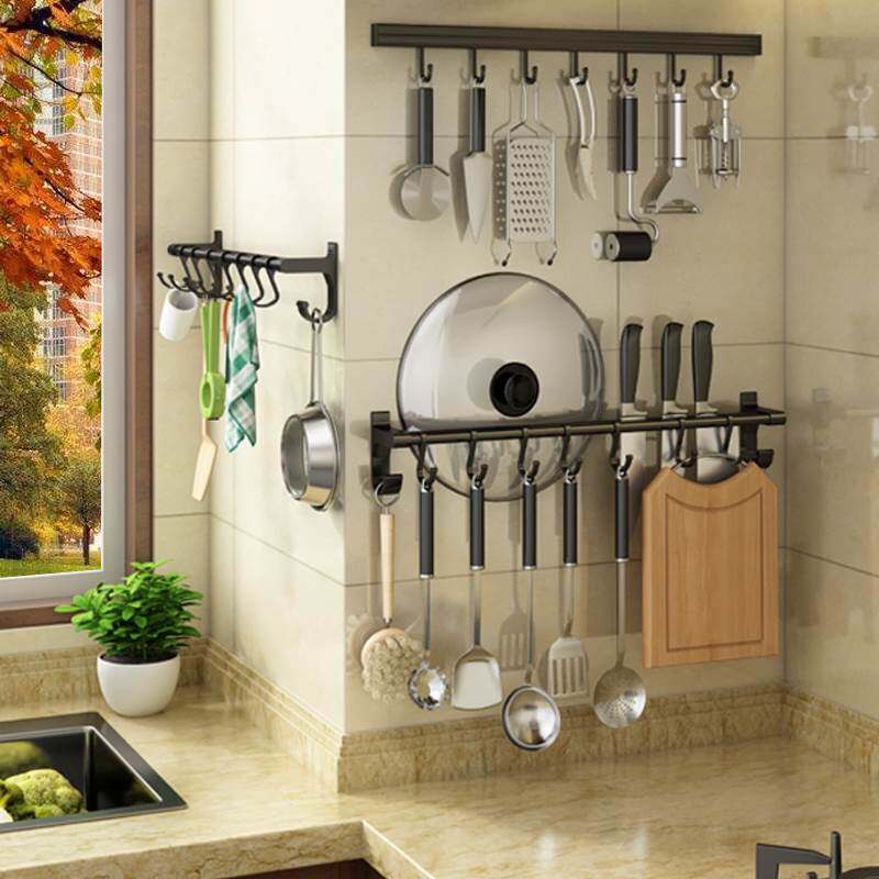 Kitchen hook-free black hook wall hanging kitchenware wall hanging frame frame frame stack
