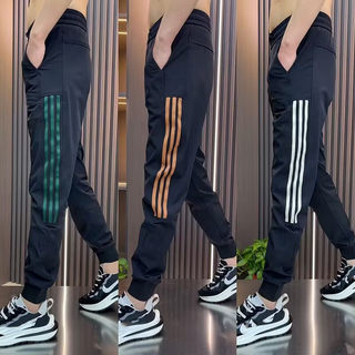 新款九分裤男士夏季束脚哈伦裤网红条纹修身小脚裤潮流百搭休闲裤