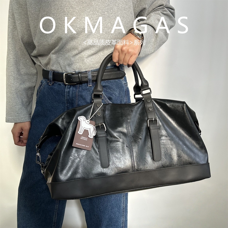 Okmags American Retro Men's Soft Leather Hand Luggage Bag with Multiple Compartments for Business Trips, Large Capacity Crossbody Travel Bag