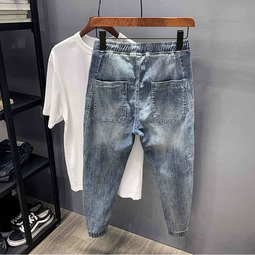 Летние тонкие джинсы, эластичные штаны, на шнурках, эластичная талия