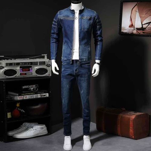 Джинсовый комплект с молнией, трендовая куртка, в корейском стиле