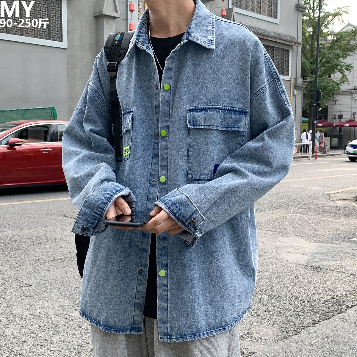 European station blue jean shirt male spring clothing plus large fat people loose and long sleeve coat