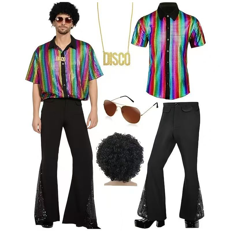 Cool Colorful Sequin Contrasting Short-Sleeved Shirt and Bell-Bottom Pants Set for Men, Suitable for Street Style, Nightclubs, and Disco Performances Cool Colorful Sequin Contrasting Short-Sleeved Shirt and Bell-Bottom Pants Set for Men, Suitable for Street Style, Nightclubs, and Disco Performances