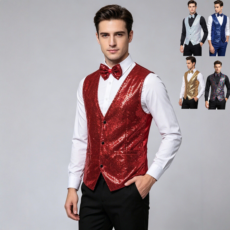 Red Sequin Vest in the Same Style as the God of Gambling, Suitable for Bar Dance Troupes, Ktv Staff Uniforms, Large Size Performance Vest for Men