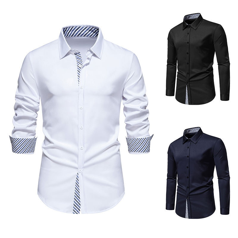Black and White Striped Cuffed Color-Blocked Long-Sleeve Shirt for Muscular Men, Fitness, Pure Cotton, Wrinkle-Free, Slim-Fit Shirt, Large Size