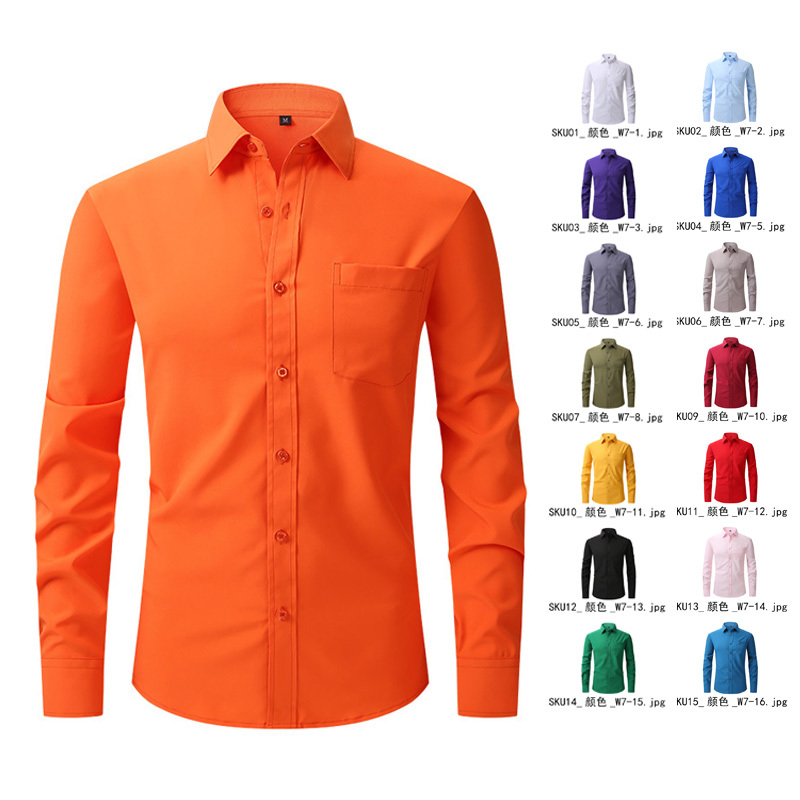 Four-Way Stretch Anti-Wrinkle Shirt for Men, Long-Sleeved, Bright Orange, Green, Red, Extra Large Size, Pure Cotton, Wedding Performance Shirt Four-Way Stretch Anti-Wrinkle Shirt for Men, Long-Sleeved, Bright Orange, Green, Red, Extra Large Size, Pure Cotton, Wedding Performance Shirt