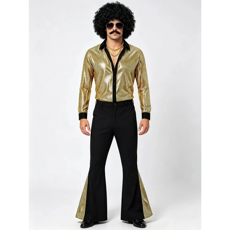 Color-Blocked Collar, Gold Plaid Sequin Long-Sleeve Shirt, Men's Flared Pants Full Set, Disco Cabaret Evening Performance