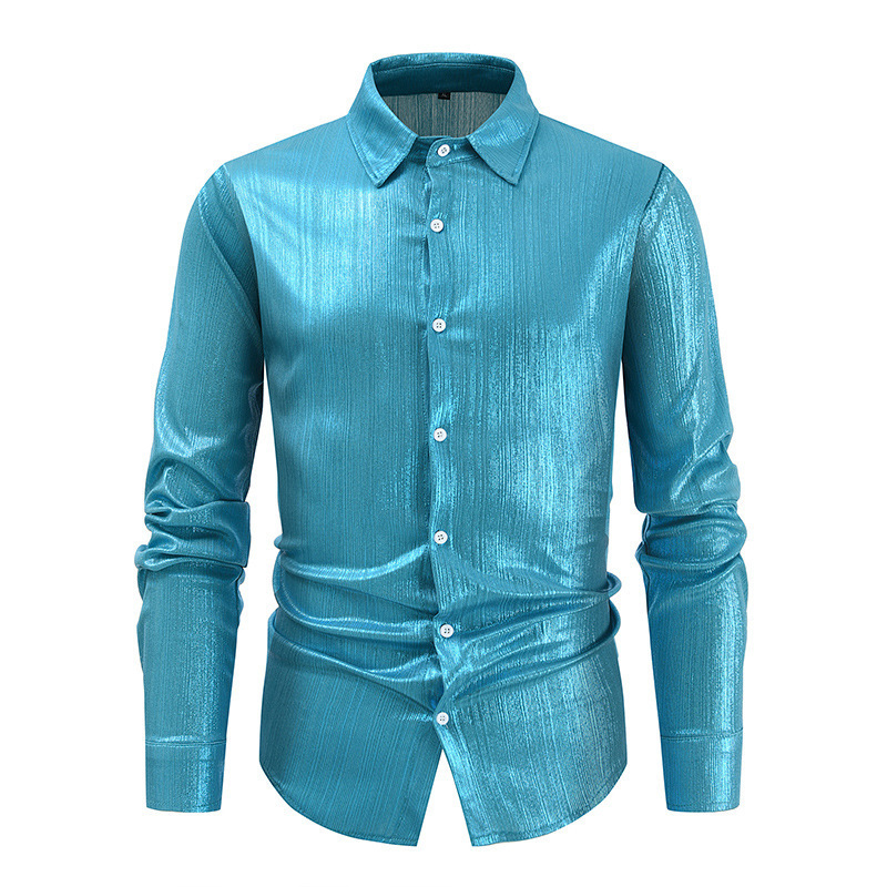 Aqua Blue Lapel Shiny Long-Sleeved Shirt for Men, Suitable for Studio Wedding Photos, Plus-Size Singer Performance Outfit