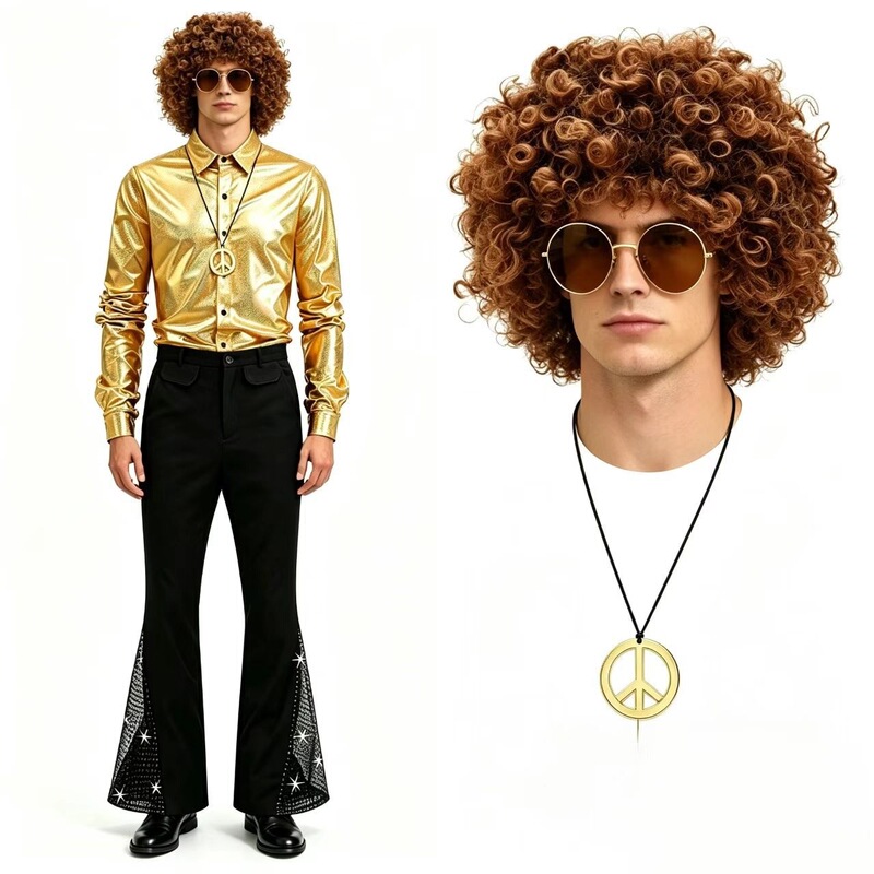 Disco Retro Men's Gold Shiny Long-Sleeved Shirt and Bell-Bottom Pants Set 70S Retro Cosplay Costume