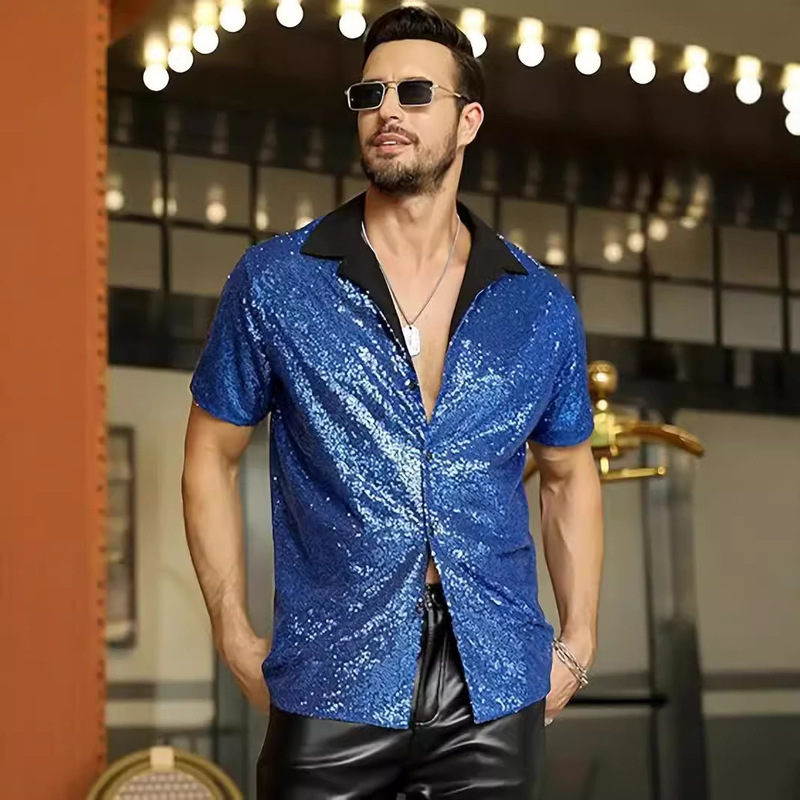Blue Sequin Lapel Shirt European and American Tough Guy Muscular Man Disco Party Singer Performance Short-Sleeved Shirt Blue Sequin Lapel Shirt European and American Tough Guy Muscular Man Disco Party Singer Performance Short-Sleeved Shirt