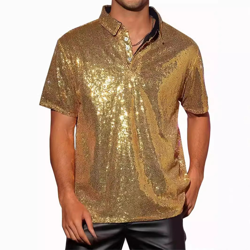 Gold Glitter Sequin Polo Shirt for Men, Golf, Nightclub, Ktv, Dance Hall, Disco, Street Dance Performance Short-Sleeved T-Shirt