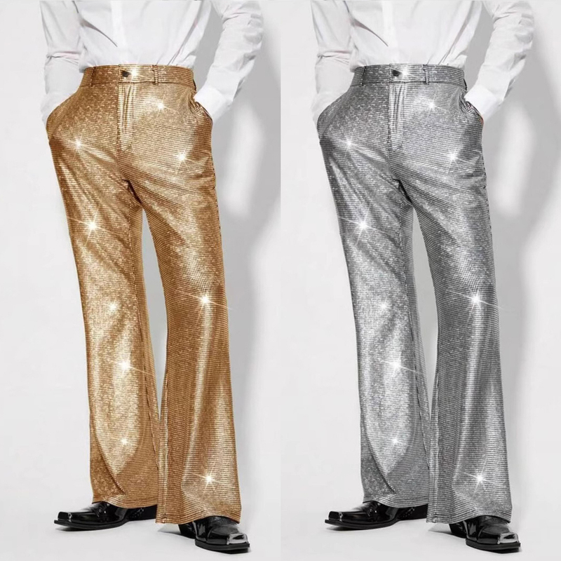 European and American Singer Concert Micro-Flared Plaid Sequin Trousers for Men, Plus Size Shiny Stage Disco Pants