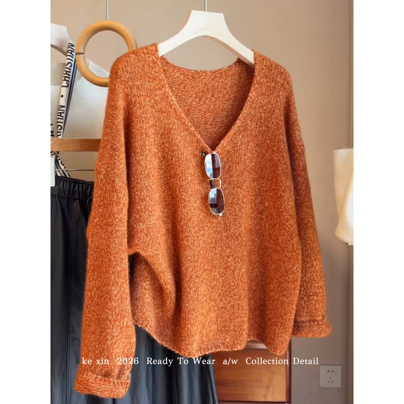Lazy and Relaxed Chic Korean Style Simple Casual Pumpkin Orange Loose Versatile Knitted Sweater for Women 2026 Autumn
