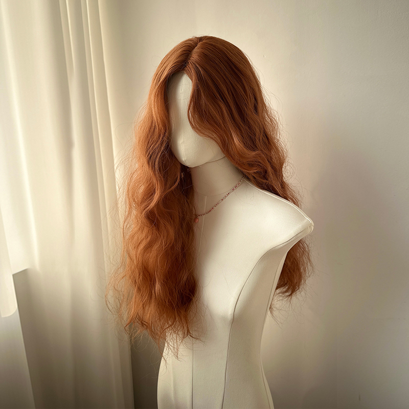 American-Style Big Orange/Dirty Orange Dopamine Wig with Lace Front, Women's Long Wavy Hair with Side Bangs