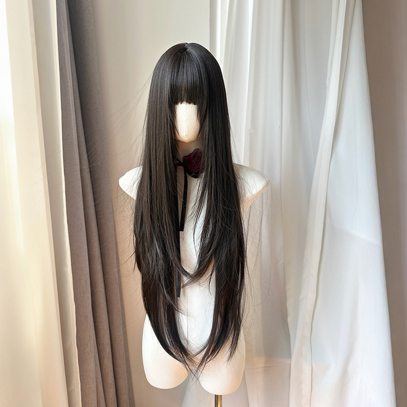 Daily Natural Long Black Tea-Colored Straight Hair with High-End Temperament, Internet Celebrity S-Part Hairline, Natural and Realistic Wig Set