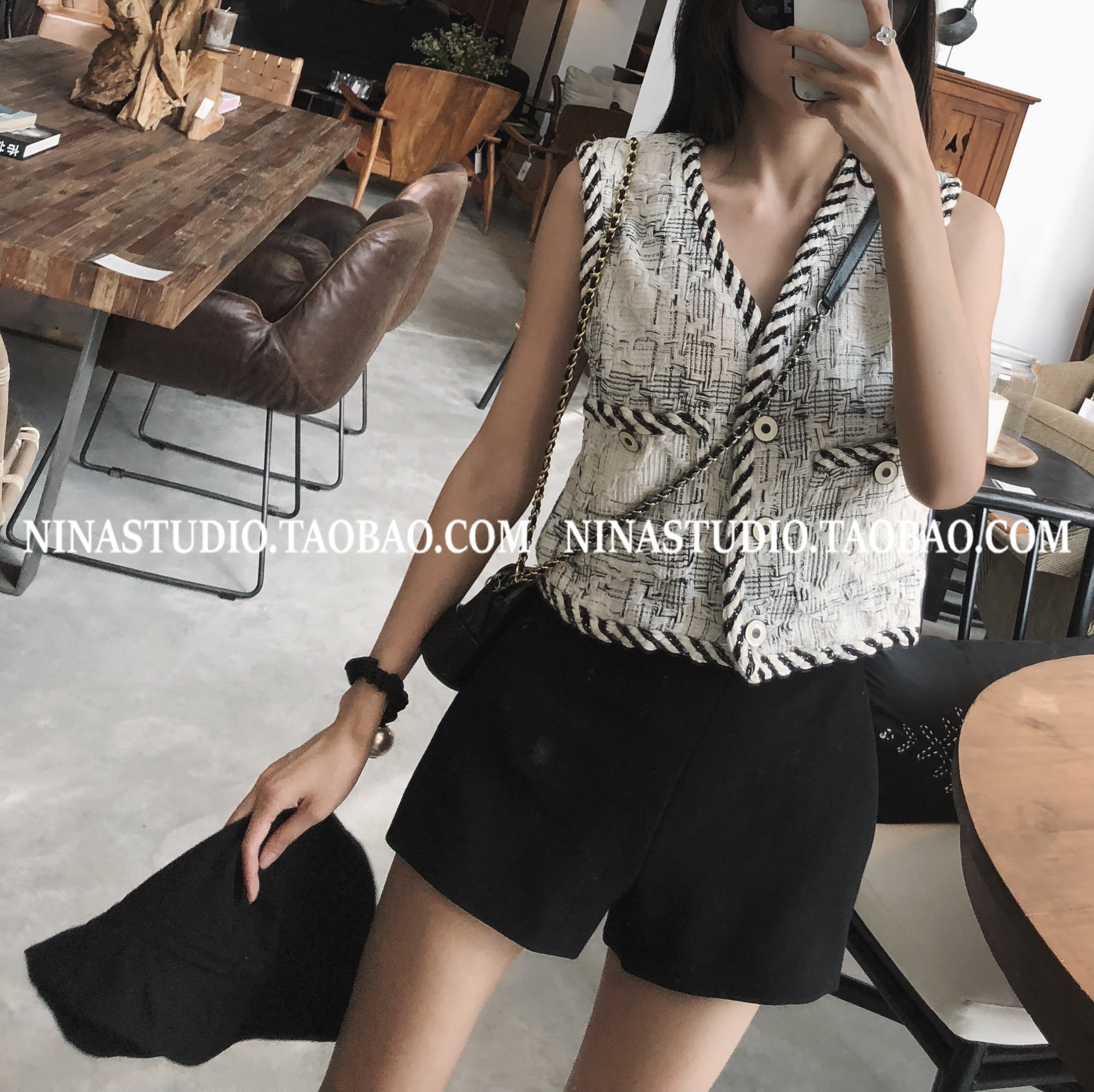 NINASTUDIO CC trắng thơm tweed vest đầu đầm nữ