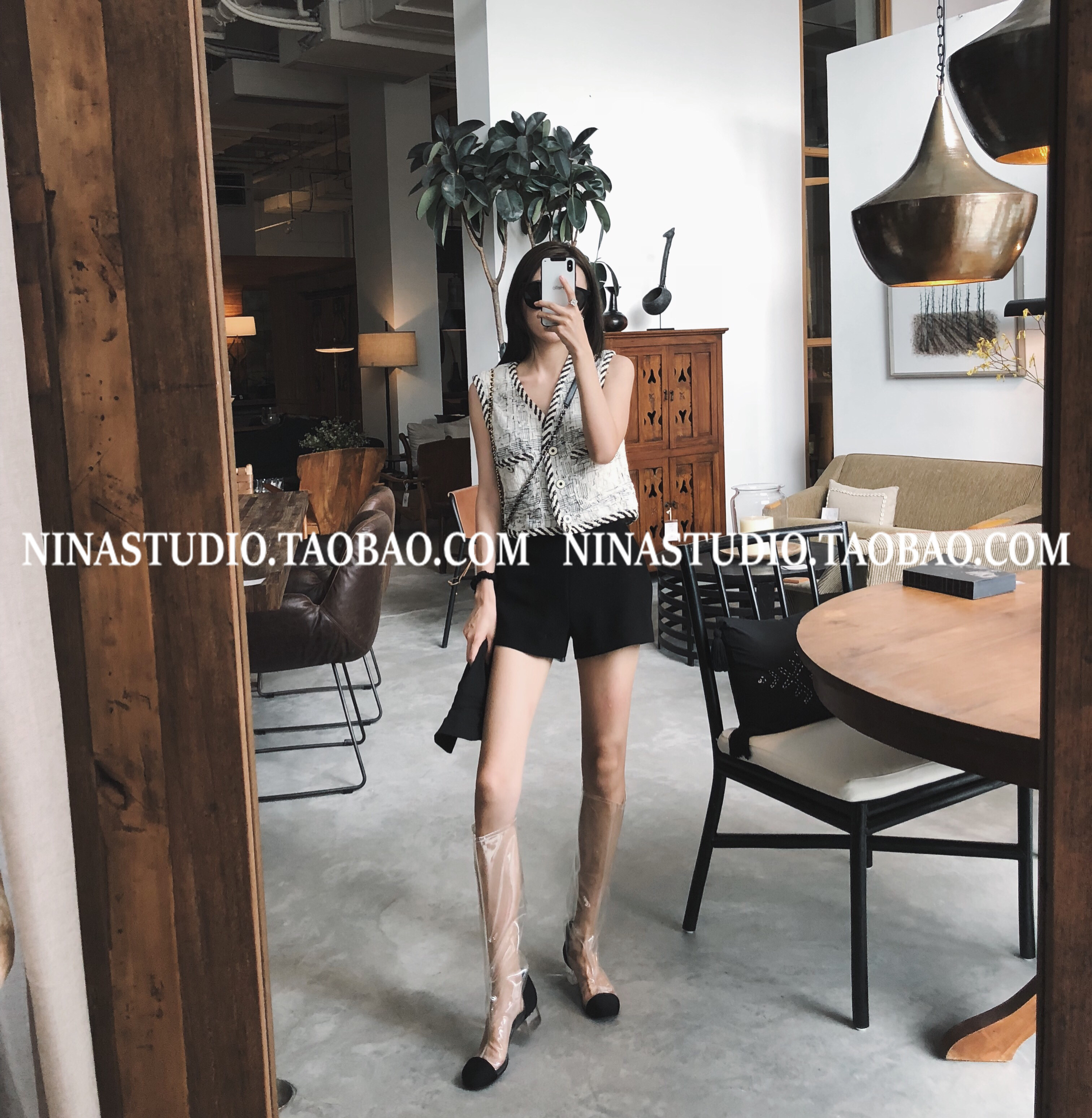 NINASTUDIO CC trắng thơm tweed vest đầu đầm nữ