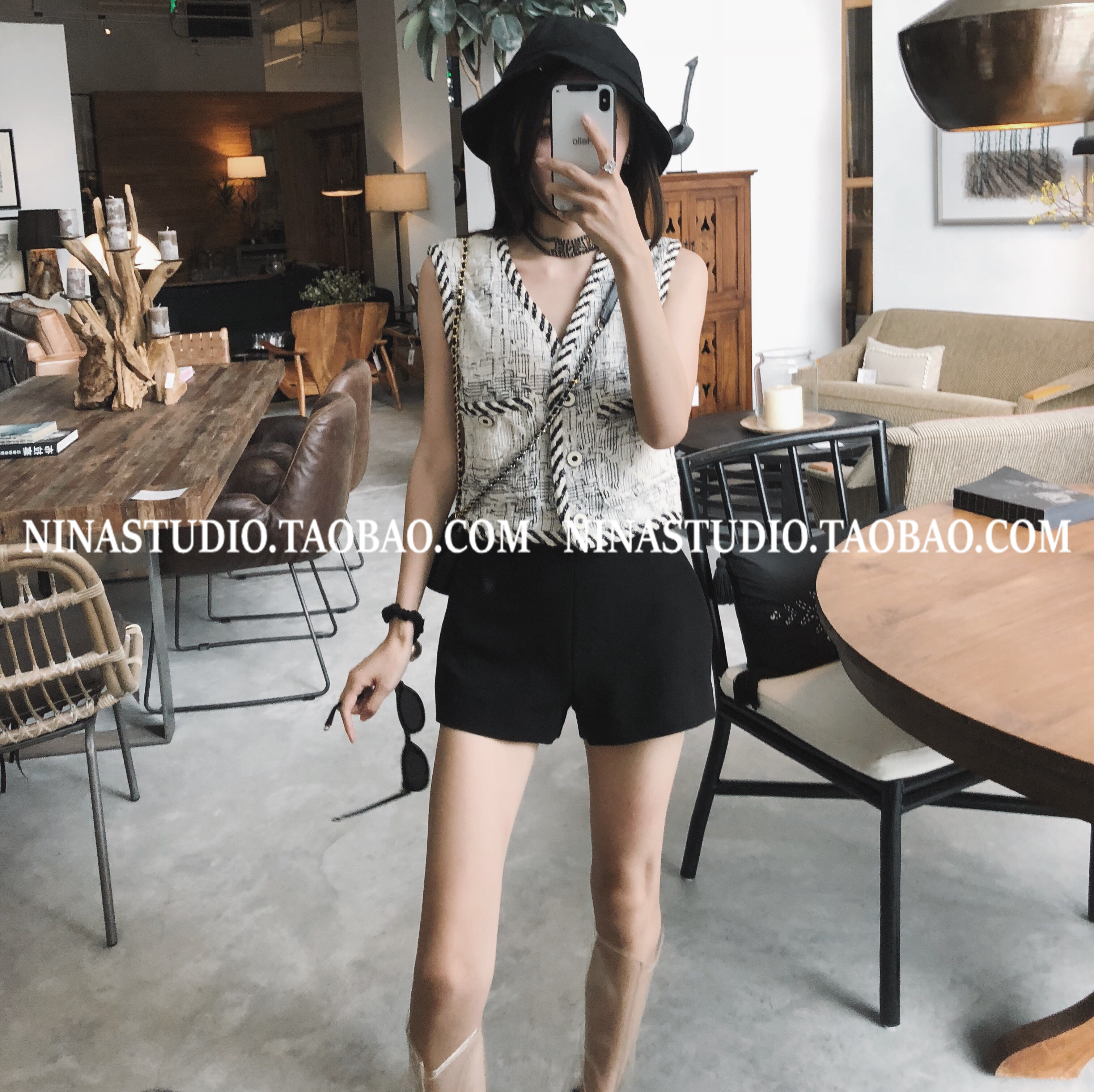 NINASTUDIO CC trắng thơm tweed vest đầu đầm nữ