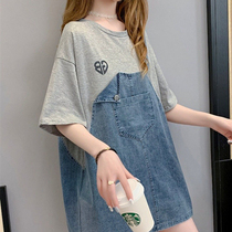 Pregnant woman short sleeve T-shirt female summer dress pure cotton spliced denim medium long net red pregnancy dress outside wearing fashion Compassionate Blouse