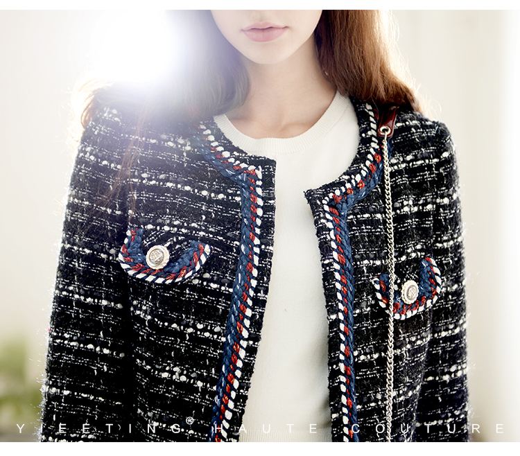 YIEETING mùa thu và mùa đông đen dệt vải tweed cổ tròn Slim giữa chiều dài nhỏ hương gió len áo khoác nữ - Accentuated eo áo áo khoác dài nữ hàn quốc