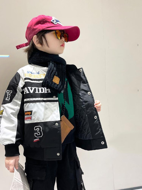 French Boys' Cotton-Padded Racing Jacket for Winter 2025, New Thickened Warm Coat for Children, Boys' Cotton Clothing