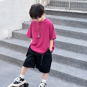 French Boys' Summer Clothing Children's Short-Sleeved T-Shirt for Older Children, Pure Cotton Loose Top, 2025 Summer New Children's Fashion T-Shirt