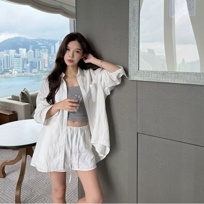 Relaxed White Sun-Protective Shirt and Jacket Two-Piece Set for Women, 2026 Summer Thin Relaxed Linen Shirt Set