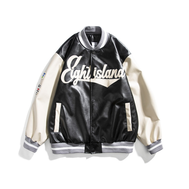 @MXDUGLY ດູໃບໄມ້ລົ່ນ spliced ​​​​ stand collar PU leather jacket ຜູ້ຊາຍ trendy American street embroidered loose baseball jacket