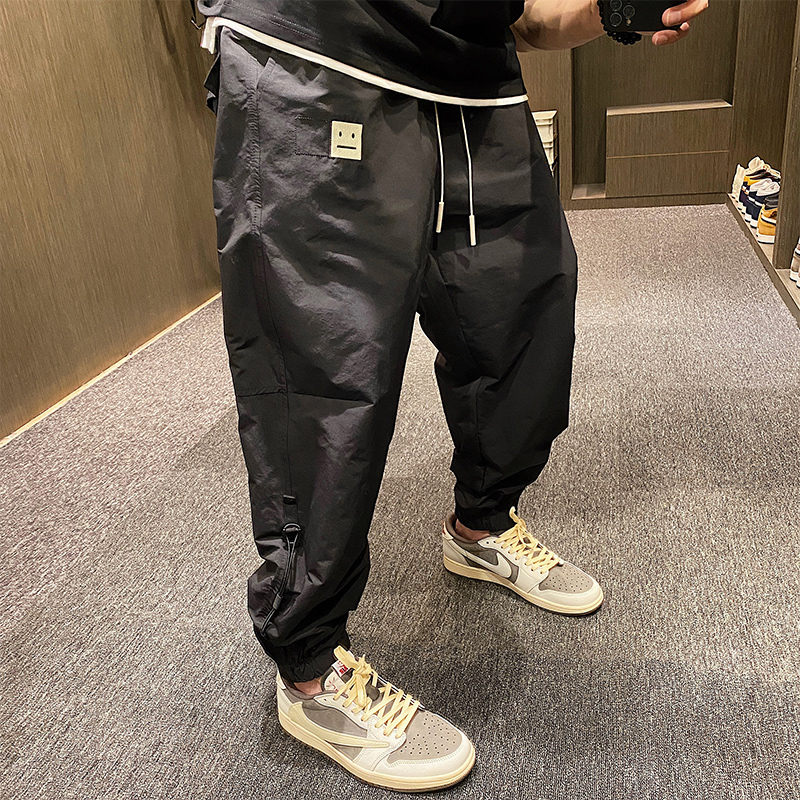 MXD UGLY summer new black casual pants men tide smiley face embroidered loose waist beam pants loose pants