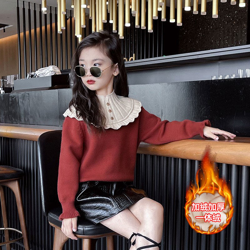 Girls sweater 2021 foreign children autumn and winter thick half high collar children Base shirt plus velvet pullover knitted sweater