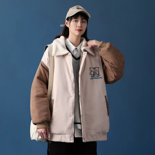 Вельветовый пуховик, японская ретро куртка для отдыха, комплект, бейсбольная зимняя форма, оверсайз, увеличенная толщина