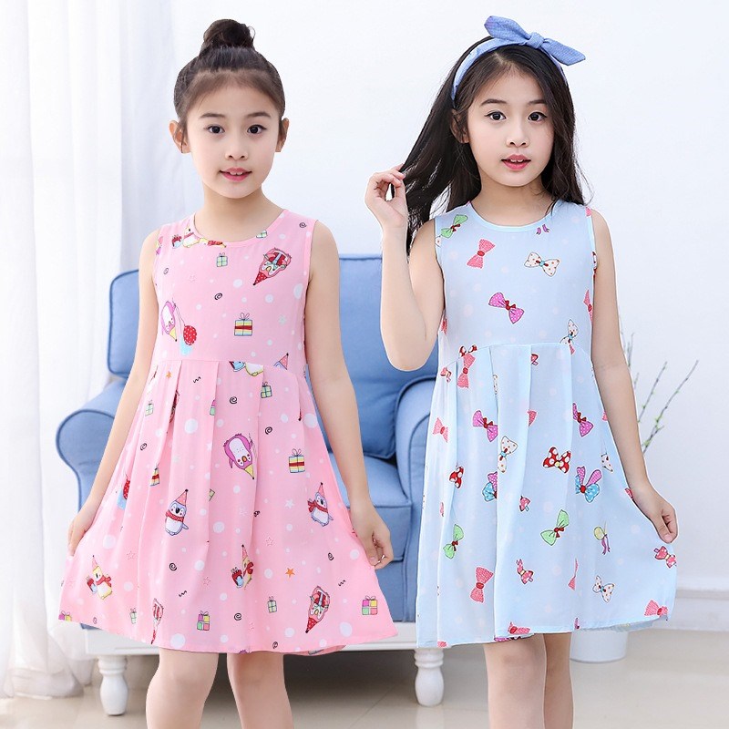 Cô gái mùa hè pajama chiếc váy không tay hoa Hàn Quốc phiên bản của các em học sinh tiểu học mất màu đỏ trẻ em mát cha mẹ cô bé.
