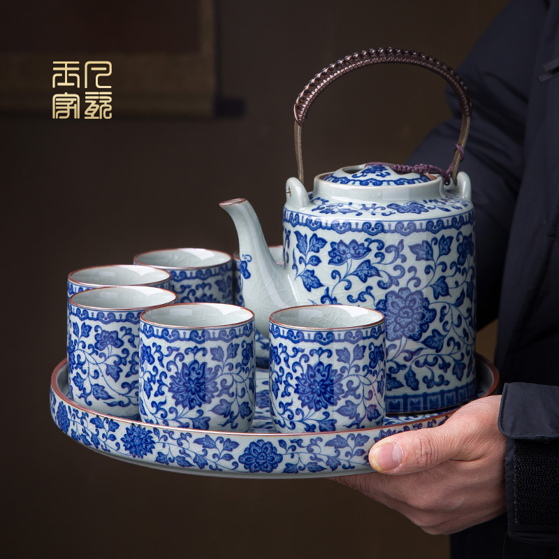 Blue and White Porcelain Kung Fu Tea Set for Home Use, Jingdezhen Ceramic Teapot, Old Clay Large Handle Teapot, Complete Set of Teacups Blue and White Porcelain Kung Fu Tea Set for Home Use, Jingdezhen Ceramic Teapot, Old Clay Large Handle Teapot, Complete Set of Teacups