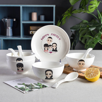 Creative ceramic tableware set A four-mouth bowl household combination cartoon fresh bowl spoon three-piece set with cover