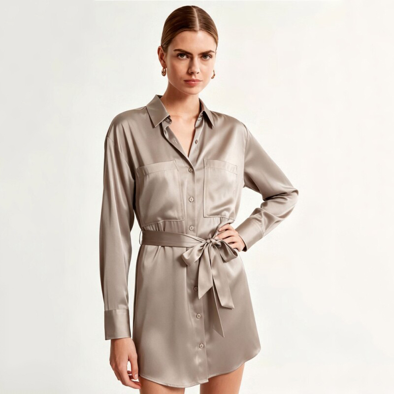 High-Quality American-Style Satin Fashion Loose-Fitting Long-Sleeve Shirt Dress for Women in Autumn