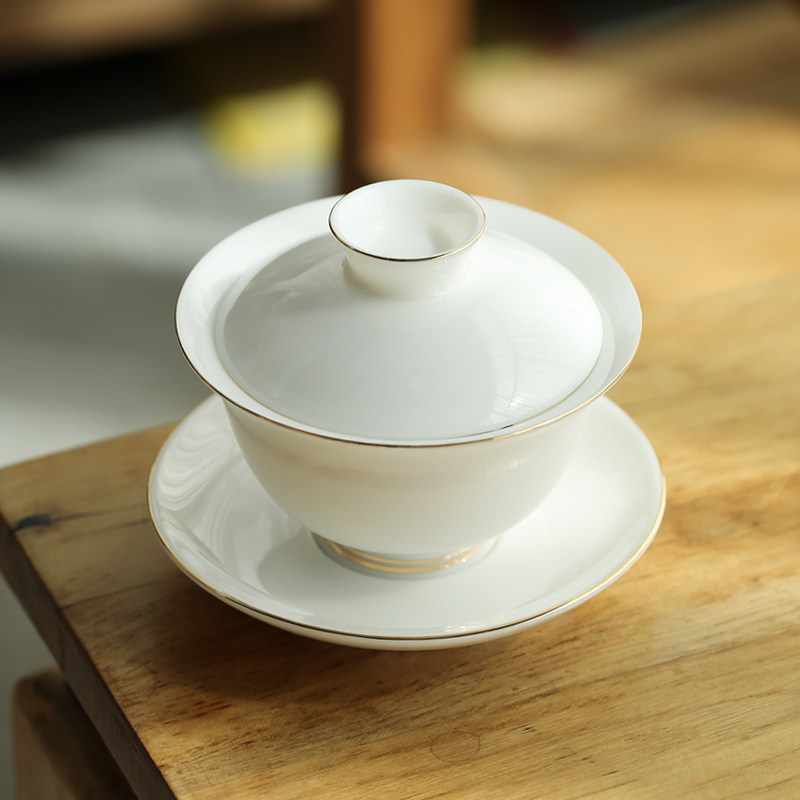 Shang Fang Sketch Gold Cover Bowl Tea Cup Kung Fu Tea Tea Defied White Porcelain Handmade Large single Three-only cover Bowl Bubble Tea Bowl