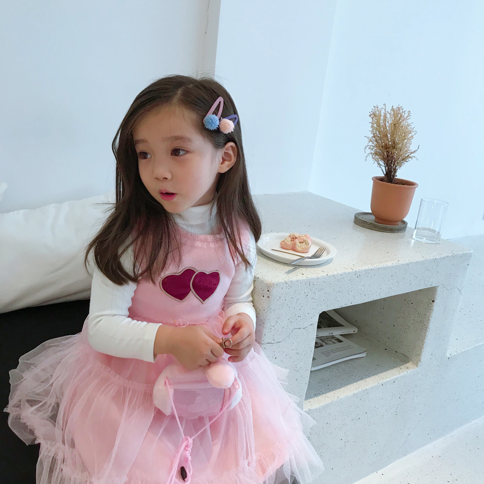 Girl Foreign Dress Autumn Winter Plus Suede Korean Version Princess Dress Crystal, Little Princess Love Pink Dress Trend CP