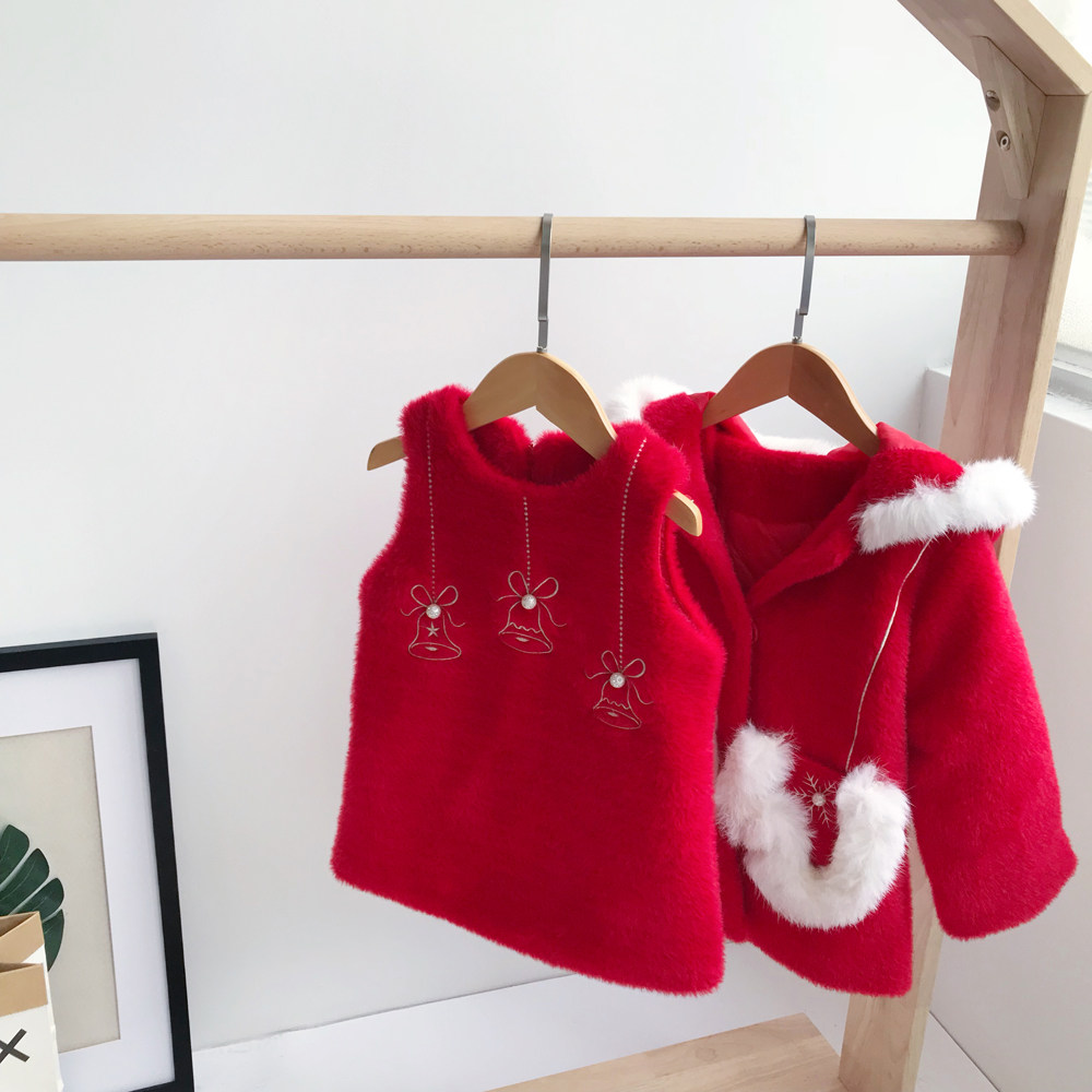 New Year's clothing girl's coat suit children's baby winter gold mink velvet red coat skirt