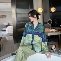 Ice wire pajamas female spring and autumn two long sleeved pants printing suit can be weared outside luxury home suit